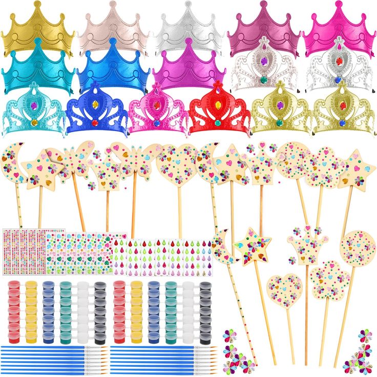 princess crowns, wands and cupcake toppers for birthday party favors or baby shower decorations