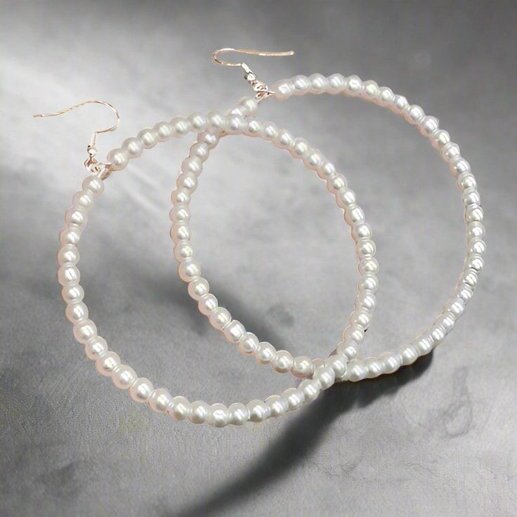 Earrings - Large Pearl Hoop Earrings Pearl White Hoop Earrings, White Hoop Earrings With Pearl Chain, White Hoop Pearl Chain Jewelry, Pearl Chain Hoop Earrings, White Pearl Hypoallergenic Hoop Earrings, Hypoallergenic White Pearl Hoop Earrings, Elegant White Hoop Earrings With Round Beads, Elegant White Hoop Earrings, Pearl Hoop Earrings For Party