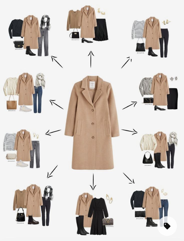 the camel wool coat has many different types of clothing