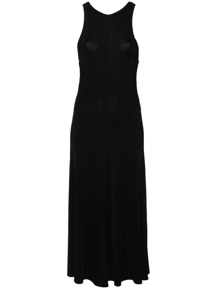 black stretch-design ribbed knit crew neck sleeveless ankle-length flared hem unlined Evening Ribbed Maxi Dress, Stretch Ribbed Evening Maxi Dress, Sleek Ribbed Midi Dress For Evening, Sleek Black High Neck Maxi Dress, Sleek Black High-neck Maxi Dress, Sleeveless Ribbed Midi Dress For Evening, Evening Sleeveless Ribbed Midi Dress, Sleeveless Black Ribbed Maxi Dress, Black Sleeveless Ribbed Maxi Dress