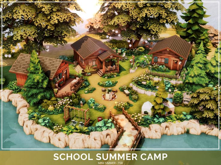 the school summer camp is set up on an island with houses and trees around it