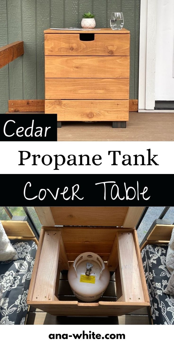 a wooden box with an open lid and the words cedar propane tank cover table