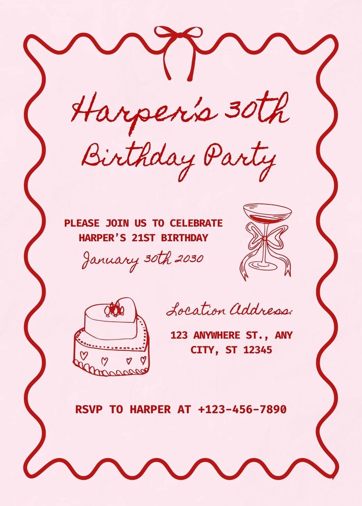 a pink birthday party card with an image of a cake