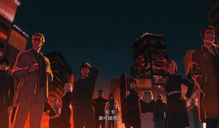 an anime scene with many people standing in the street and one person is wearing a suit