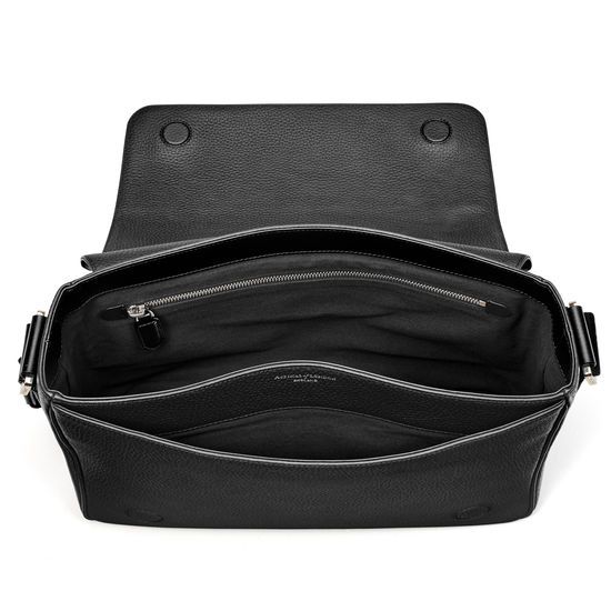 Reporter Black Leather Messenger Bag | Aspinal Timeless Business Bag With Double Flap, Modern Pebbled Leather Satchel For Office, Timeless Pebbled Leather Shoulder Bag With Palladium Hardware, Black Calf Leather Business Flap Bag, Classic Double Flap Office Bag, Office Shoulder Bag In Pebbled Leather With Leather Lining, Office Shoulder Bag With Pebbled Leather And Leather Lining, Office Shoulder Bag In Pebbled Leather With Palladium Hardware, Office Shoulder Bag With Pebbled Leather And Palladium Hardware