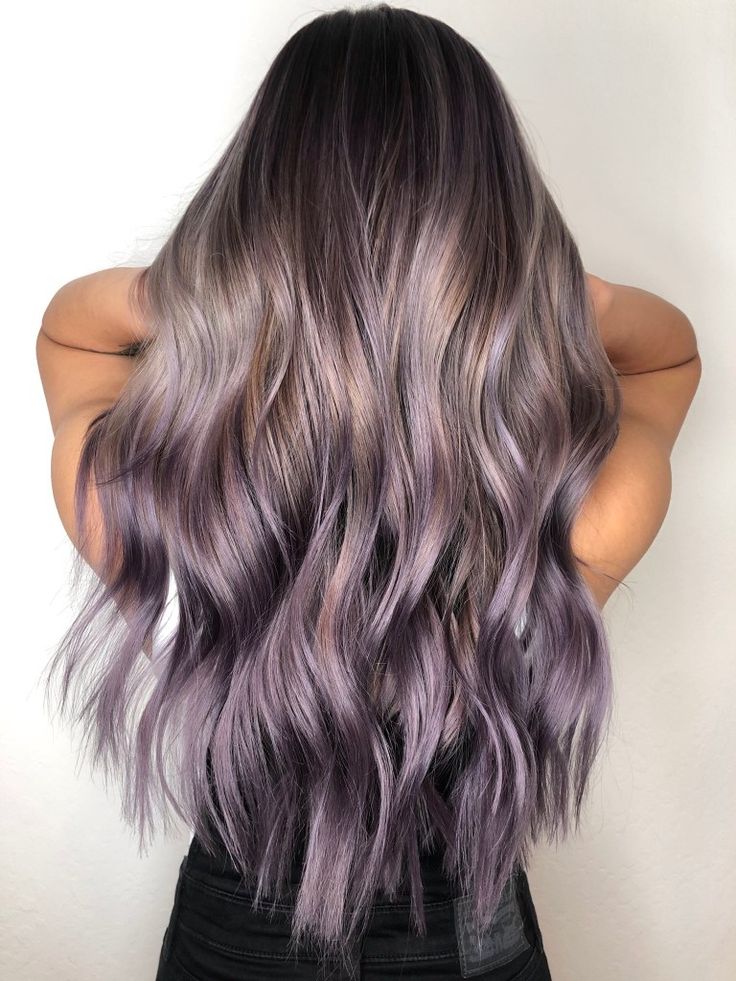 Metallic lavender ombre long hair by Moly at Stocks and Blondes in Mountain View, CA. #lavender #ombre #ashlavender #metallicpurple Lavender Hair Bayalage, Bright Color Ombre Hair, Lavender Tinted Hair, Lavender And Blonde Highlights, Color Melt Purple, Lavender Lowlights Brunette, Lavender Hair On Dark Hair, Lavender Ombre Hair Brown, Mauve Ombre Hair