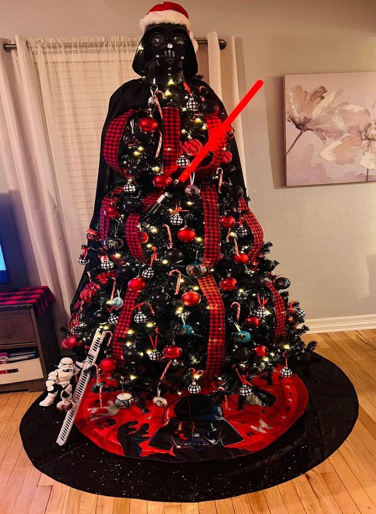 a star wars themed christmas tree with lights