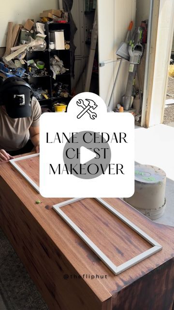 a man sitting at a table with a helmet on his head and the words lane cedar clust makeover