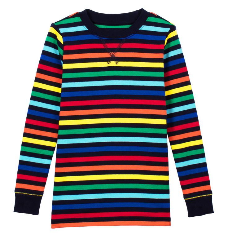 the long sleeve rainbow stripe pj top - Only from Primary - Solid color kids clothes - No logos, slogans, or sequins - All under $25 Long Sleeve Cotton T-shirt For Playwear, Cotton Sleepwear For Sleepover In Fall, Organic Cotton Tops For Fall Loungewear, Organic Cotton Tops For Winter Loungewear, Fall Organic Cotton Loungewear Tops, Organic Cotton Winter Loungewear Tops, Organic Cotton Long Sleeve Sleepwear For Sleepover, Organic Cotton Long Sleeve Tops For Loungewear, Organic Cotton Long Sleeve Sleepwear For Spring