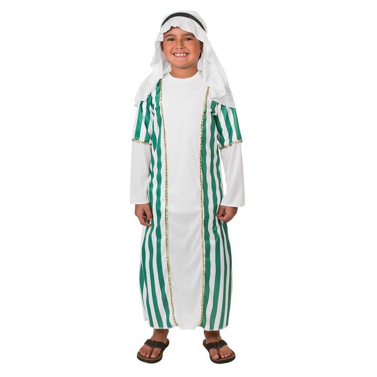 a young boy dressed in a green and white striped outfit with a hood on his head