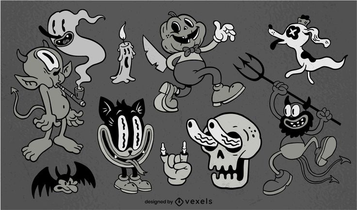 some cartoon characters are doing different things in black and white, with one demon on the other