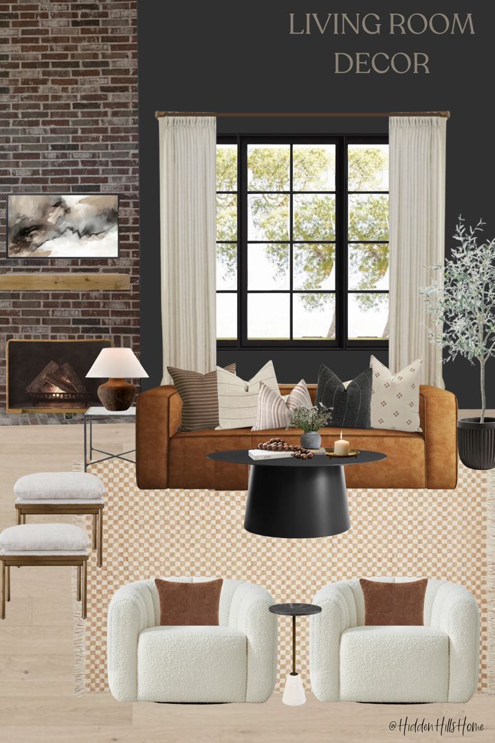 the living room is decorated in brown and white colors, with neutrals on the walls