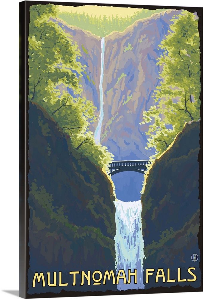 a painting of a waterfall in the mountains