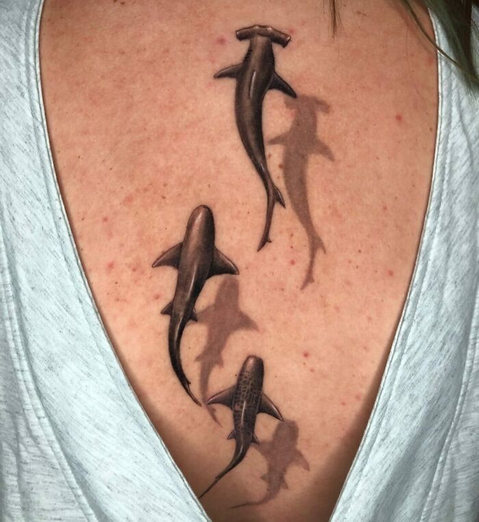 a woman's back with three dolphins tattoo on her upper and lower back shoulder