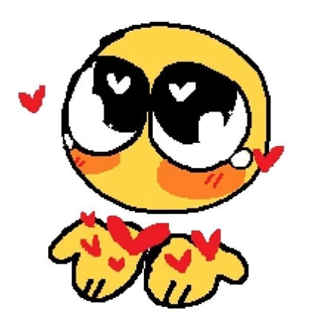 a yellow bird with black eyes and red hearts on its chest, sitting in front of a white background