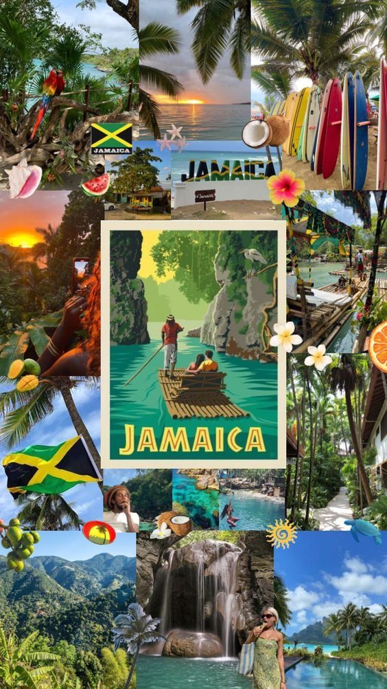 a collage of pictures with the words jamaica on it and some people in boats