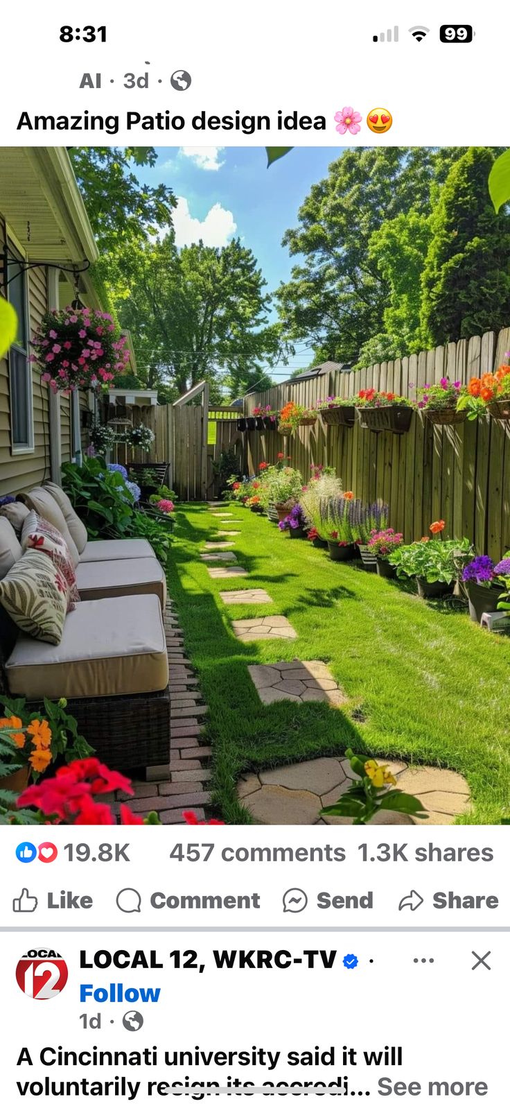 an image of a backyard with flowers and plants on the lawn, along with text that reads amazing patio design idea like 467 comment wkrc - tv follow