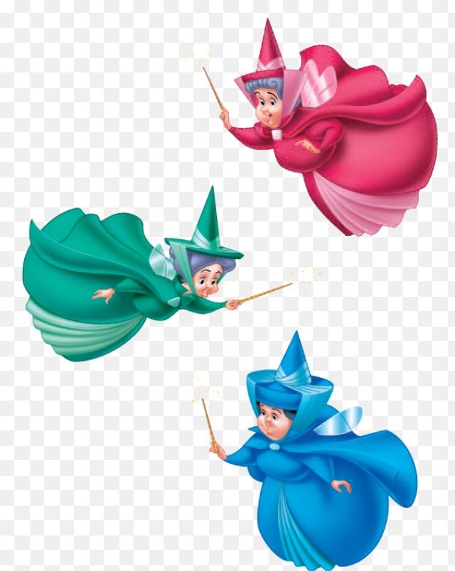 three cartoon witches flying in the air with their arms out and one holding a wand