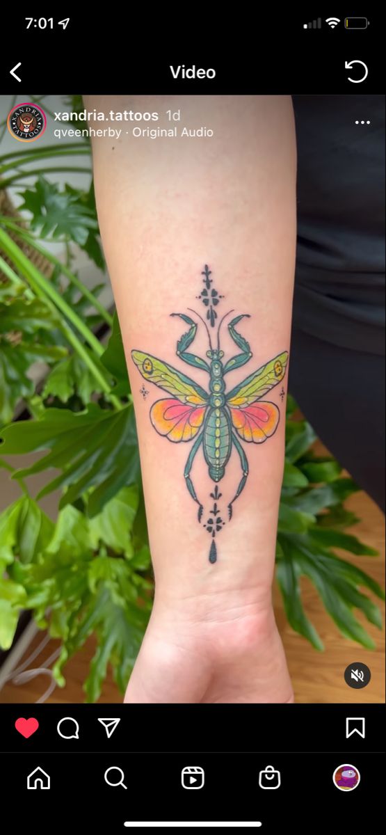 a small tattoo on the arm of a person with an orange and yellow bug in it