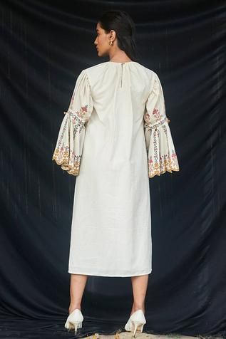 Shop for Chandrima White Kala Cotton Bell Sleeve Midi Dress for Women Online at Aza Fashions Summer Straight Kurta Dress With Embroidered Sleeves, Summer Cotton Kurta With Embroidered Sleeves, Cotton Straight Kurta Dress With Embroidery, White Embroidered Cotton Midi Dress, White Cotton Midi Dress With Embroidery, Spring Multicolor Embroidered Straight Kurta Dresses, White Cotton Dress With Embroidered Sleeves, Off White Embroidered Cotton Dress, Cotton Embroidered Floral Straight Kurta Dress