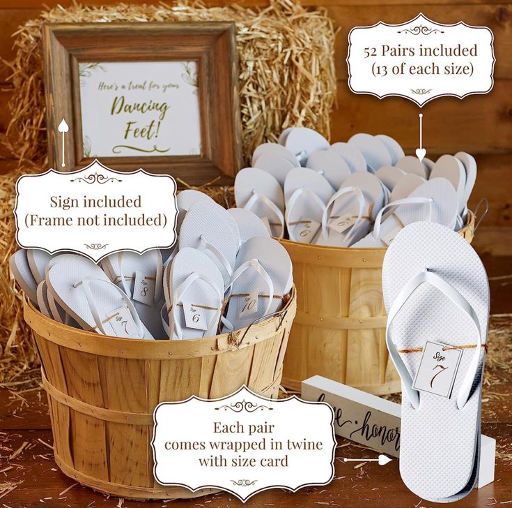 a basket filled with white slippers next to a sign