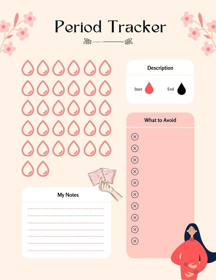 a pink poster with the words period tracker and an image of a woman holding a fan