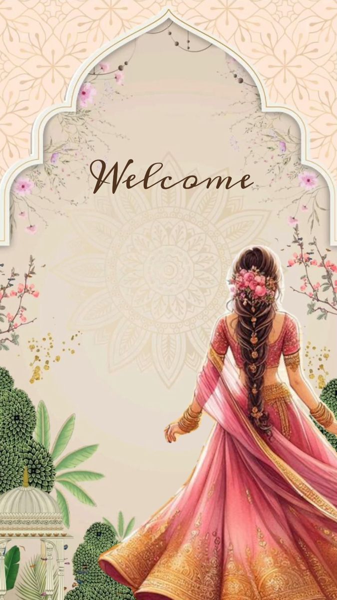 a woman in a pink and yellow dress with flowers on her head is walking towards the welcome sign