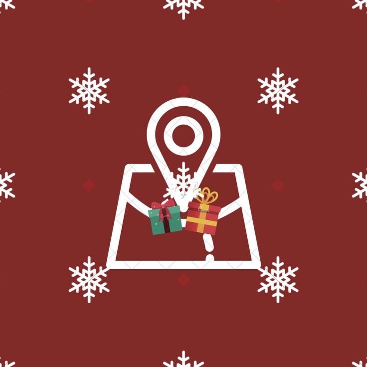 a red background with white snowflakes and a map marker holding gifts in it