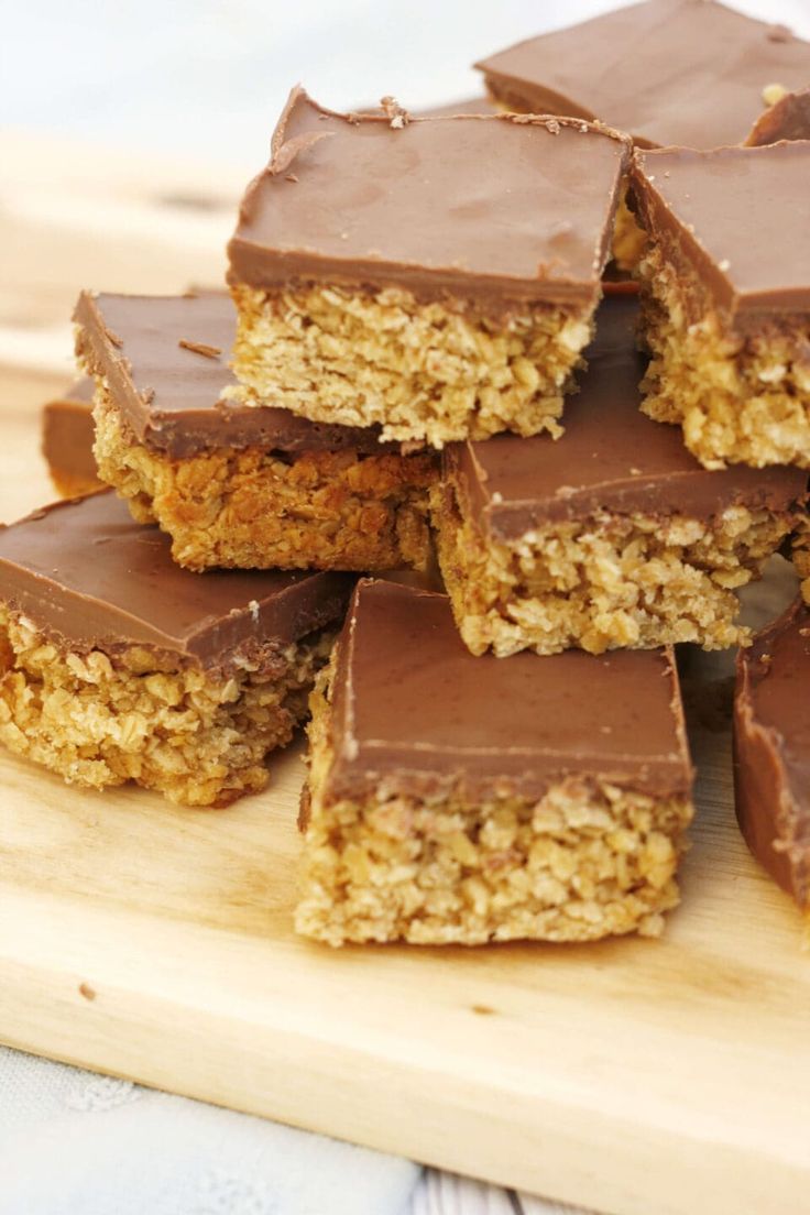 chocolate and oatmeal bars stacked on top of each other