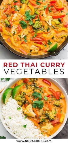 red thai curry vegetables and rice in a pan