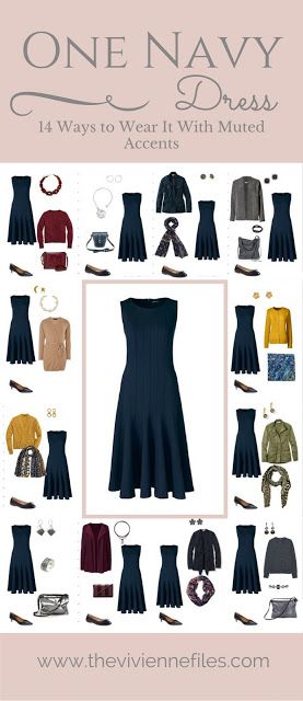 One Navy Dress in a Capsule Wardrobe: 14 Ways to Wear it With Muted Accents Downsize Closet, Dress Capsule Wardrobe, Navy Dress Outfits, Mode Ab 50, Neutral Dress, The Vivienne Files, Vivienne Files, Mode Tips, Sunday Dress