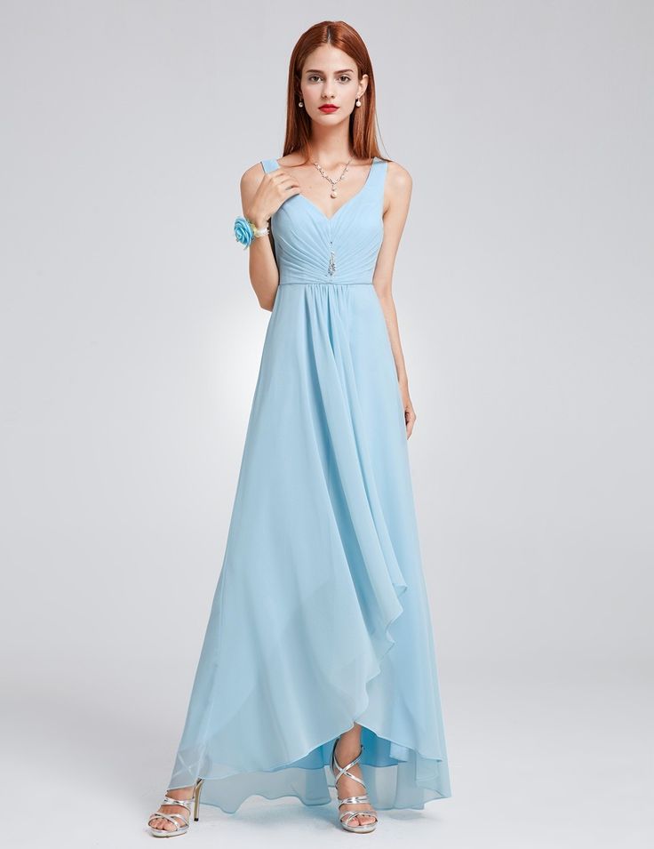 V-Neck High-Low Evening Dress | Ever-Pretty  #bridesmaid #bridesmaiddress #weddingidea #weddinginspiration #weddingideas #wedding2018  #wedding2019 #bride2018 #bridalparty #bluedress #highlowdress #vneckdress Summer V-neck Dress With Sweep Train, Chiffon V-neck Evening Dress For Prom, V-neck Chiffon Evening Dress For Prom, Chiffon V-neck Evening Dress For Prom Season, Chiffon High-low Hem Party Dress, Elegant V-neck High Low Party Dress, Prom Season Chiffon V-neck Maxi Dress, Prom Season Chiffon Maxi Evening Dress, Chiffon V-neck Maxi Dress For Prom Season