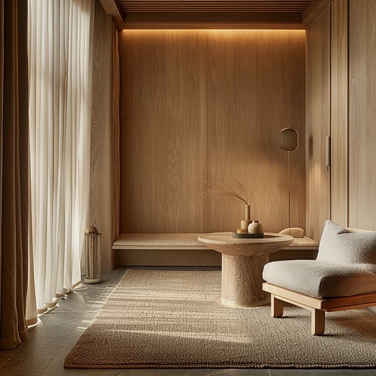 a living room filled with furniture and wooden walls