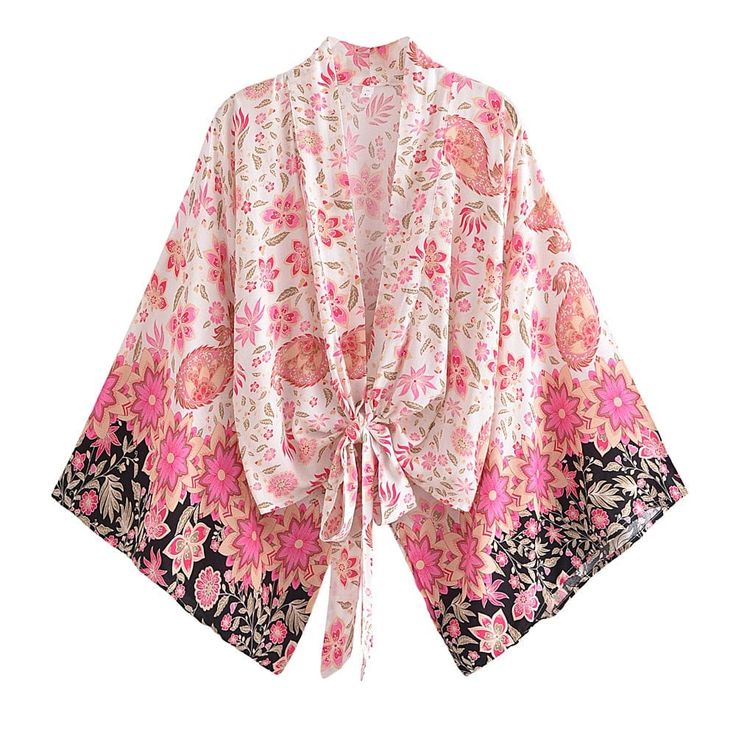 wickedafstore Pink / S Athena Boho Cropped Kimono White Hippie Kimono For Spring, Cotton V-neck Kimono With Floral Print, Spring Festival Kimono With Kimono Sleeves, Pink Hippie Kimono For Summer, Summer Printed Kimono For Brunch, Summer Hippie Pink Kimono, Summer Brunch Printed Kimono, Casual V-neck Kimono With Boho Print, Spring Festival Bohemian Kimono