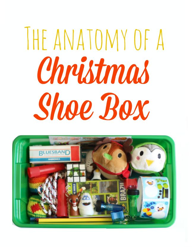 the anatomy of a christmas shoe box with toys in it and text overlay reading the anatomy of a christmas shoe box