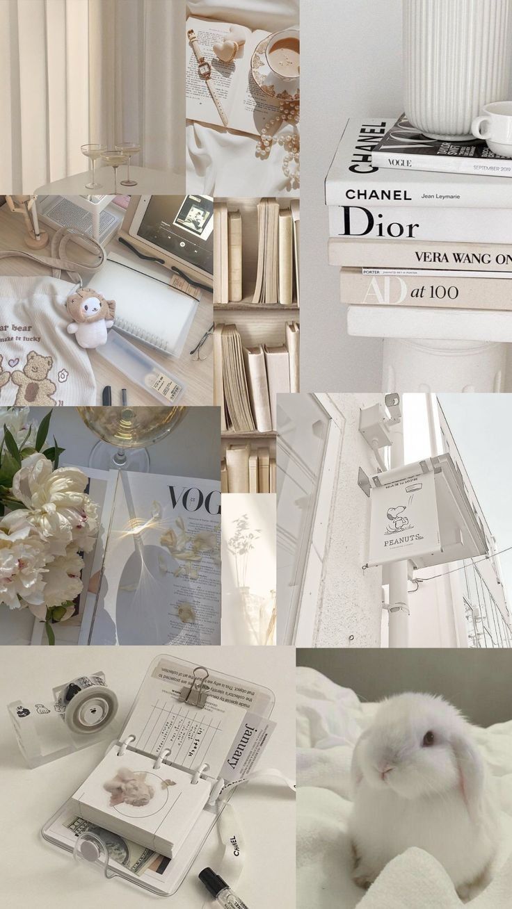 a collage of photos with white flowers and books on the table, including an animal