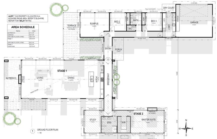 an architectural drawing shows the floor plan for a house with three levels and several rooms