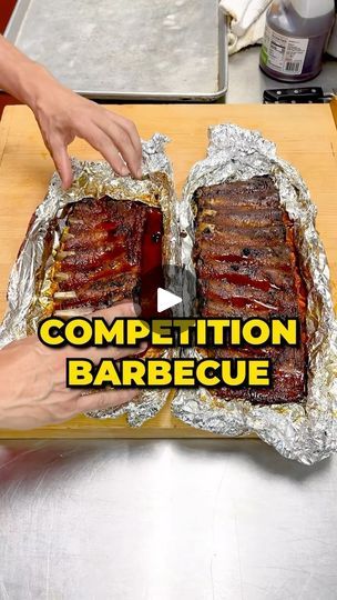 someone is cutting up some meat in foil on a table with the words competition barbecue written over it