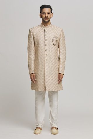 Beige sherwani embellished by sequins on a geometric pattern base. Comes with inner kurta and churidar. - Aza Fashions Designer Nehru Jacket With Mirror Work For Eid, Formal Sherwani With Mirror Work, Designer Bandhgala For Diwali Reception, Designer Bandhgala For Reception Diwali Festival, Designer Kurta With Mirror Work For Eid, Designer Nehru Jacket For Eid Reception, Designer Eid Kurta With Mirror Work, Designer Resham Embroidery Kurta For Reception, Formal Sherwani With Mirror Work For Transitional Season