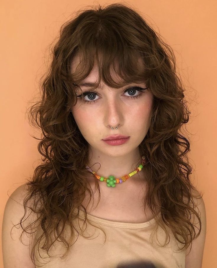 Side Bang Wavy Hair, Curly Straight Across Bangs, Shaggy Long Curly Hair, 2c Hair Bangs, 2c Curly Hair With Bangs, Wavy Layered Hair Medium Long, Bangstyle Hair Long Curly, Wavy Layered Hair With Bangs, 2c Bangs