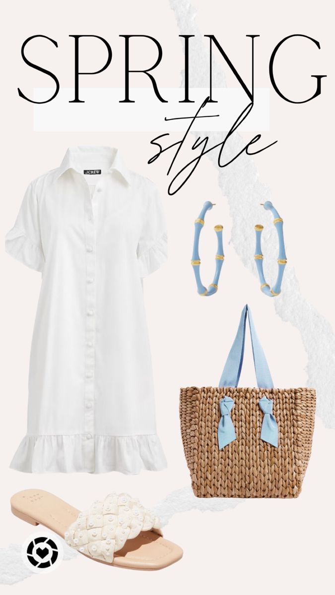 Spring style, white button down dress, blue hoops, straw bags, sandals, slides, pearls White Spring Outfits, White Button Down Dress, Disney Princess Outfits, Spring Attire, Grandma Fashion, Apostolic Fashion, Coastal Grandmother, Fashion Templates, Beach Attire