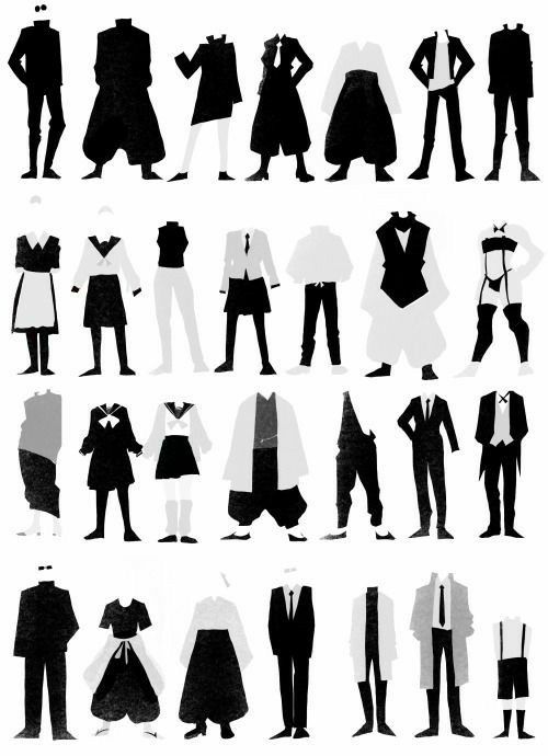 silhouettes of people dressed up in different outfits