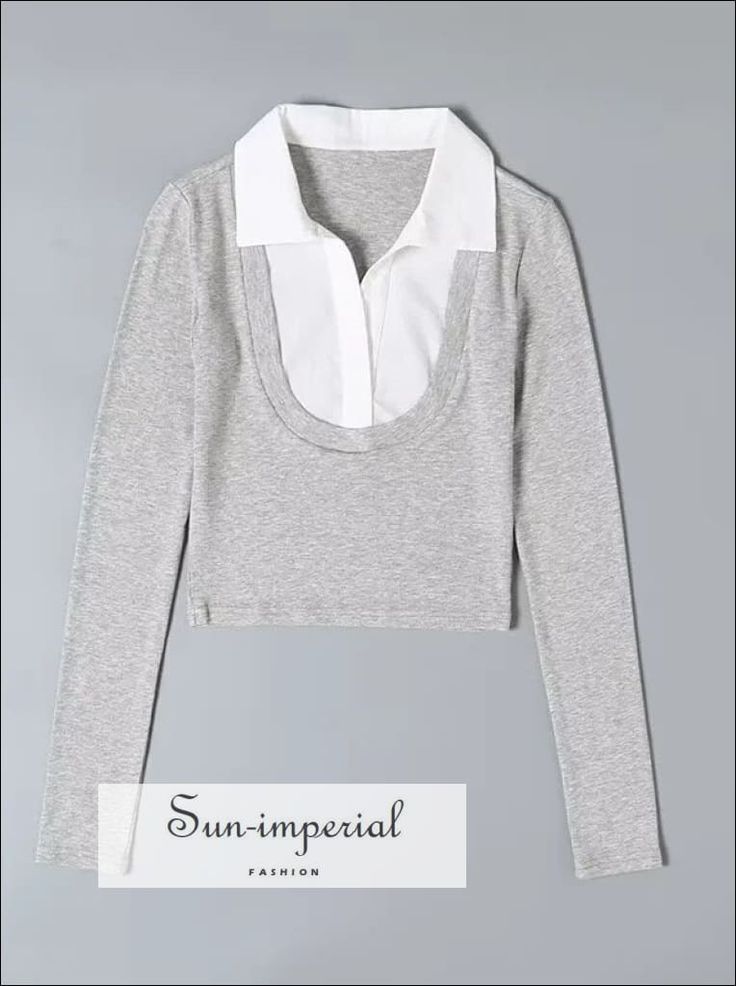 Women Rayon Long Sleeved Crop Top With White Shirt Spread Collar Sun-Imperial United States Fitted Gray Color Block Tops, Summer Gray Patchwork Tops, Gray Patchwork Summer Top, Trendy Collared Tops With Contrast Color, Fitted Tops With Contrast Color For Layering, Casual Collared Tops With Splicing, Fitted Collared Top With Splicing, White Collared Tops With Contrast Color, Fitted Cotton Top With Splicing Detail