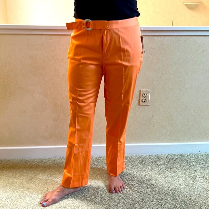 Brand New Orange Pants With Belt Chic Ralph Lauren High-waisted Pants, Ralph Lauren Chic Spring Pants, Chic Ralph Lauren Spring Pants, Chic High-waisted Ralph Lauren Pants, Chic High-waisted Pants By Ralph Lauren, Tailored Summer Pants With Belt Loops, Tailored Spring Pants With Belt Loops, Fitted Summer Pants With Belt Loops, Fitted Pants With Belt Loops For Summer