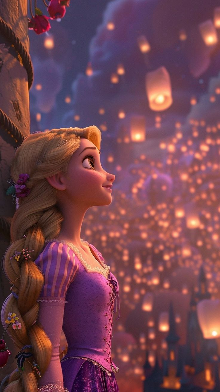 rapp from tangled tale looking up at the sky with lanterns in the background,