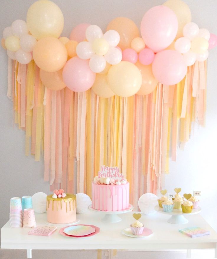 a party with balloons, cake and decorations