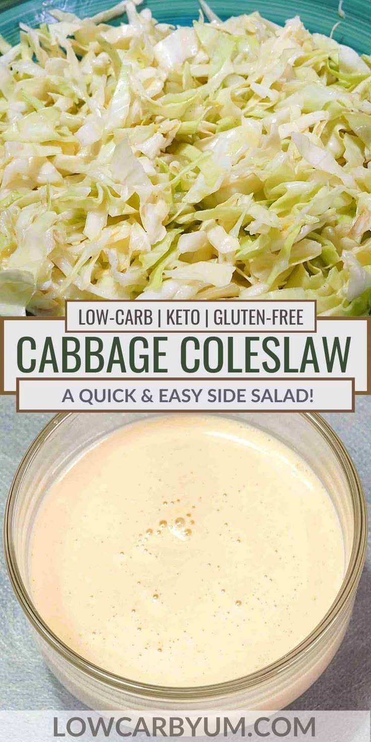 cabbage coleslaw in a glass bowl with text overlay that reads low carb keto gluten - free cabbage coleslaw