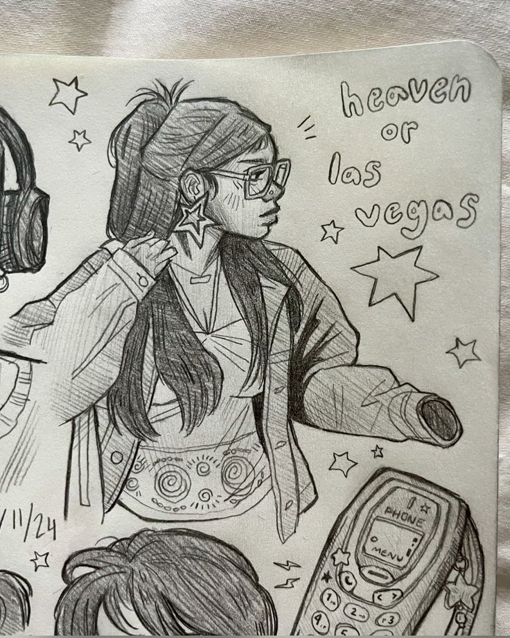 a drawing of a woman with headphones on her ears and an old cell phone in front of her