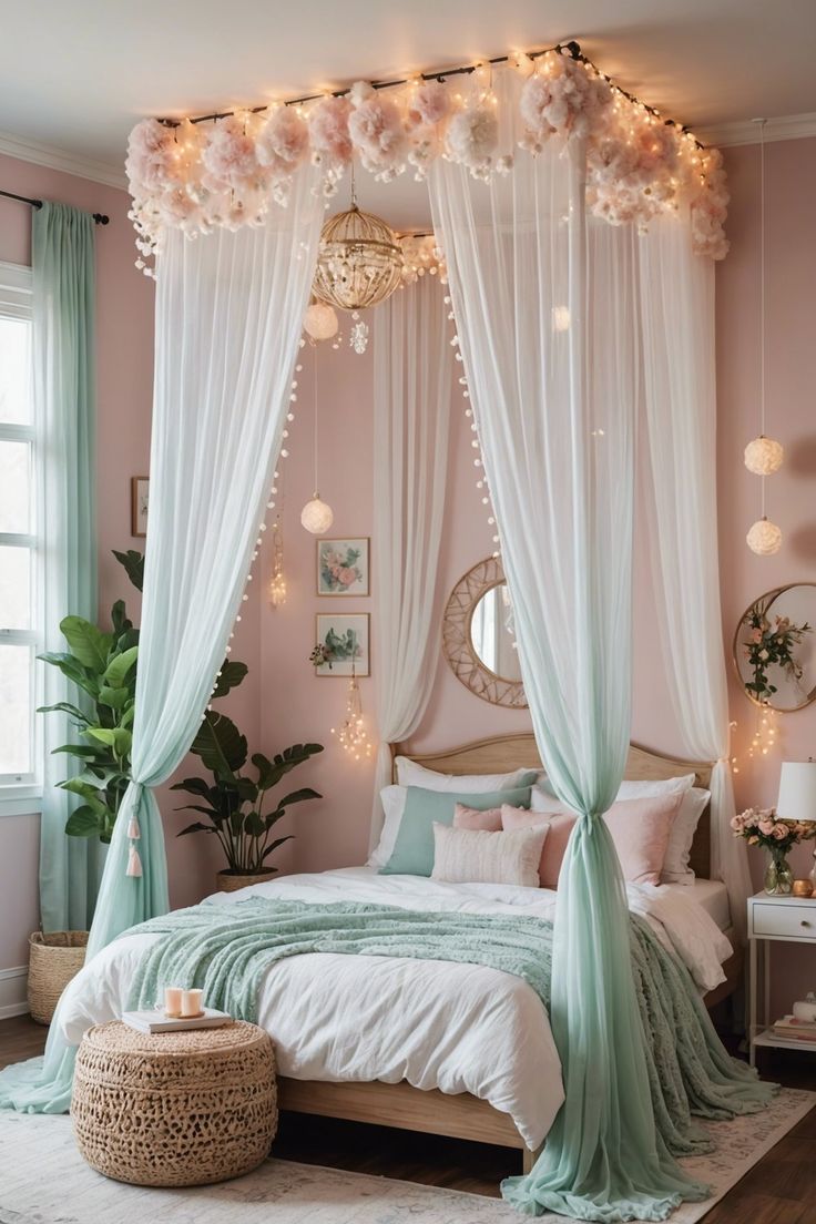 a bedroom with pink walls and white drapes on the ceiling, a bed covered in light blue sheets