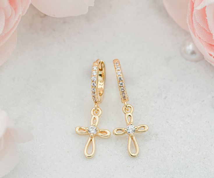 NEW! 14K Gold-plated (over sterling silver) huggie earrings Earrings with Cross for Kids with sparkling CZs accented with a dangling infinity cross. Fantastic first communion gift with nice click closure for children, kids, toddlers, and little girls. These earrings are made with precious metals that are hypoallergenic and nickel free and should not irritate sensitive ears. Silver Huggie Earrings, Toddler Jewelry, Infinity Cross, Keepsake Baby Gifts, Huggie Earrings Silver, Flower Girl Bracelets, Silver Jewelry Box, First Communion Gifts, 1st Communion